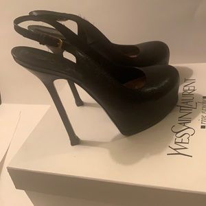 YSL black high heel sling back pumps